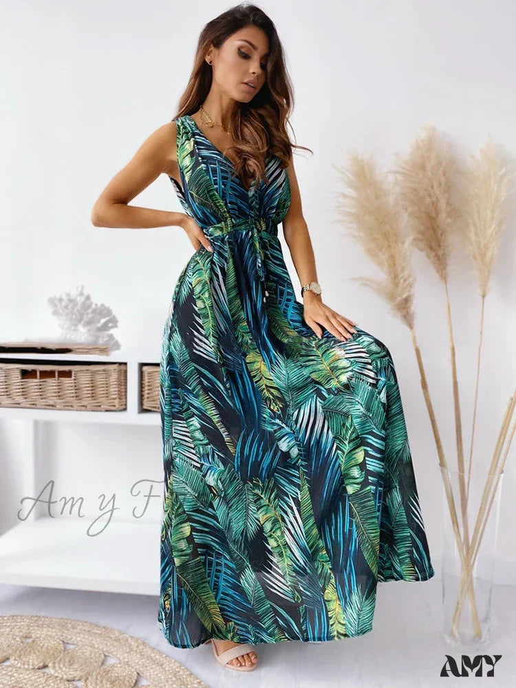 Amy Fashion - Deep V Neck Print Sleeveless Boho Dress Green / S