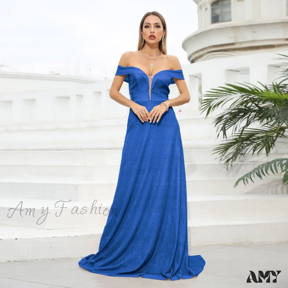 Amy Fashion - Deep V-Neck Splicing Shiny Off The Shoulder Backless Dress