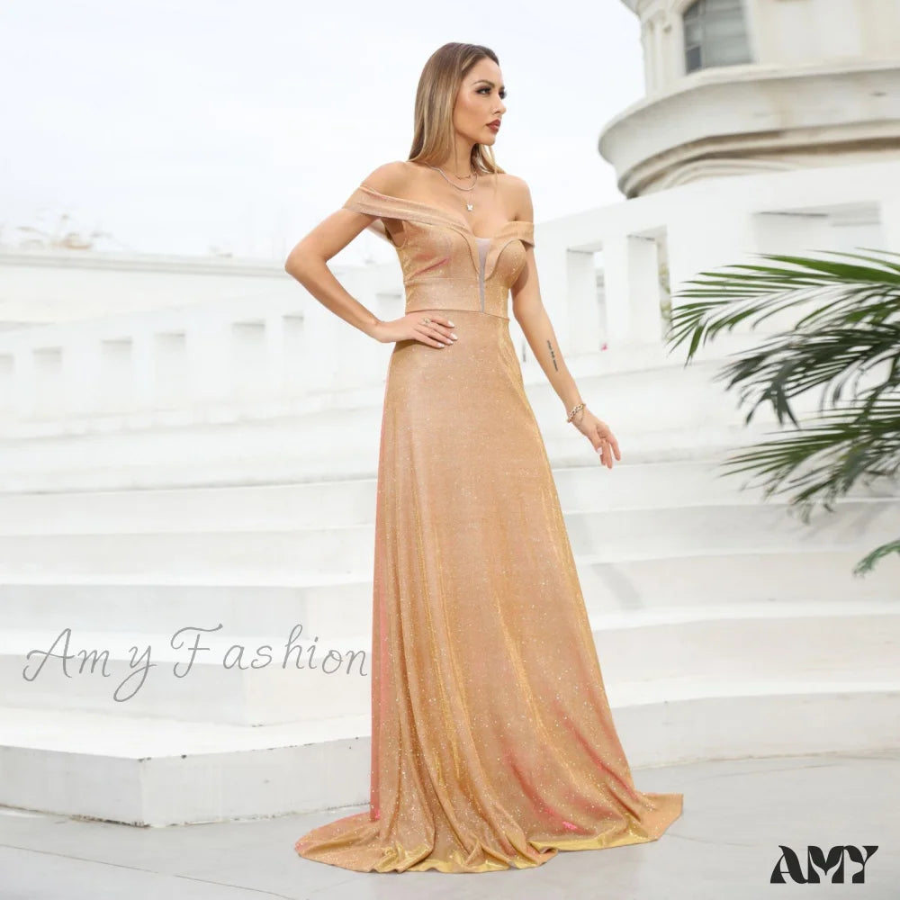 Amy Fashion - Deep V-Neck Splicing Shiny Off The Shoulder Backless Dress