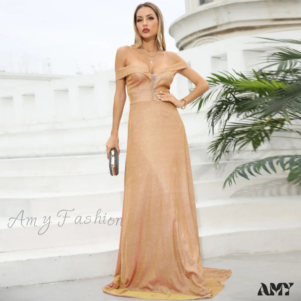 Amy Fashion - Deep V-Neck Splicing Shiny Off The Shoulder Backless Dress