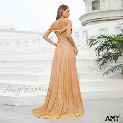 Amy Fashion - Deep V-Neck Splicing Shiny Off The Shoulder Backless Dress