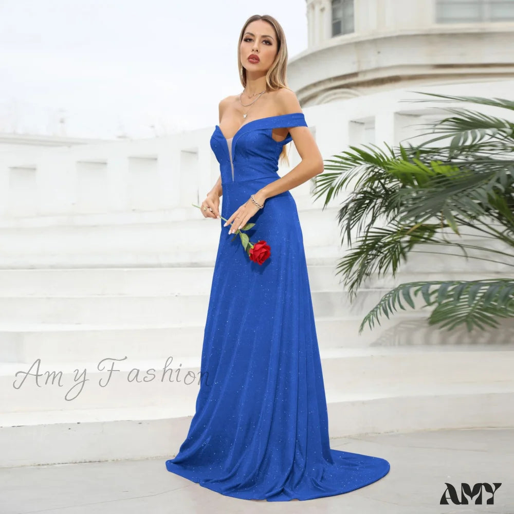 Amy Fashion - Deep V-Neck Splicing Shiny Off The Shoulder Backless Dress