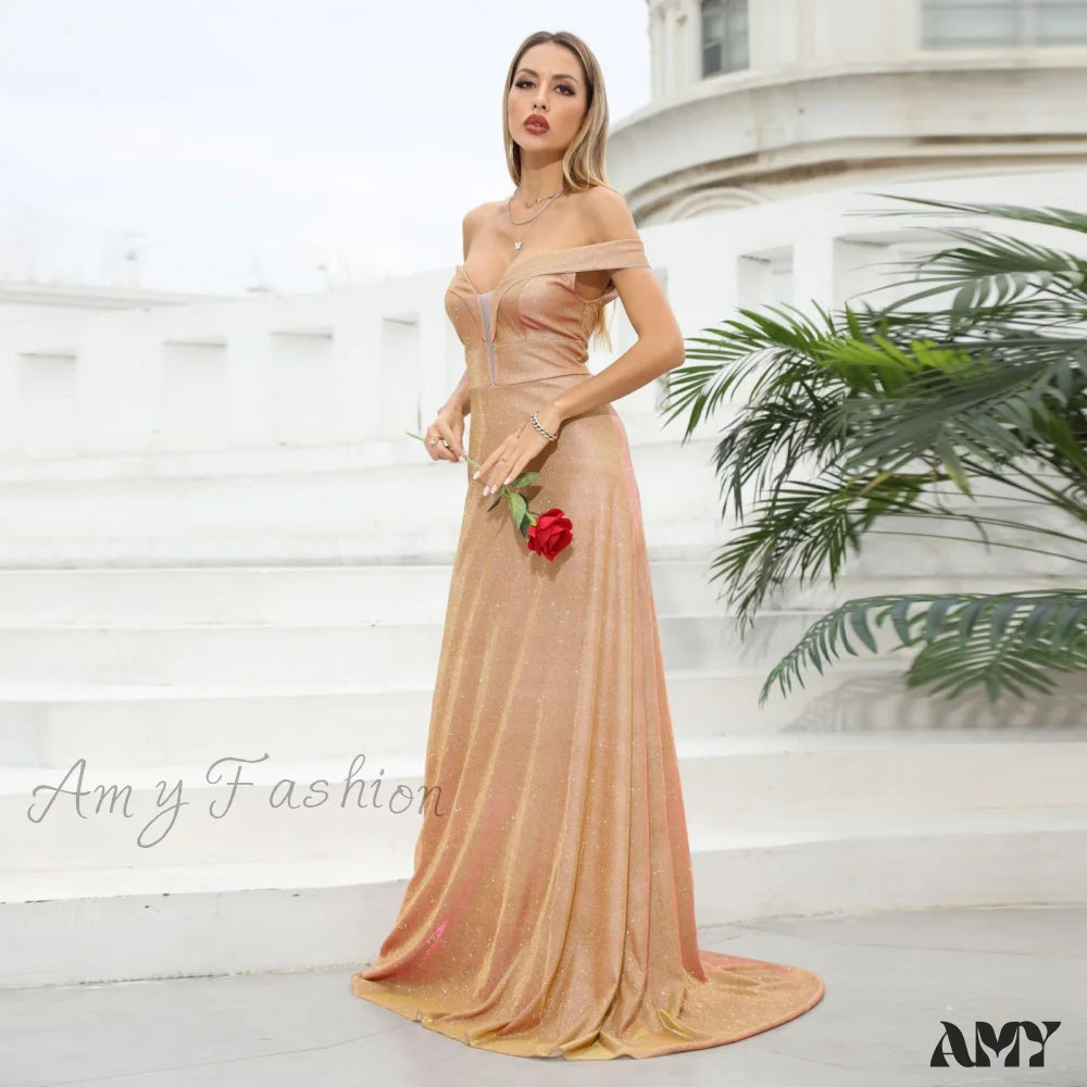 Amy Fashion - Deep V-Neck Splicing Shiny Off The Shoulder Backless Dress