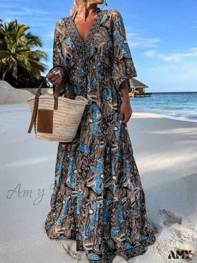 Amy Fashion - Deep V Neck Waist Drawstring Spring Pattern Vintage Boho Dress