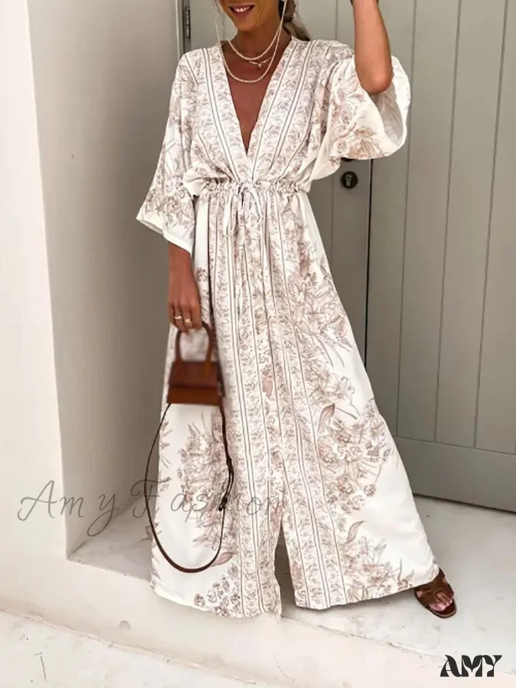 Amy Fashion - Deep V Neck Waist Drawstring Spring Pattern Vintage Boho Dress