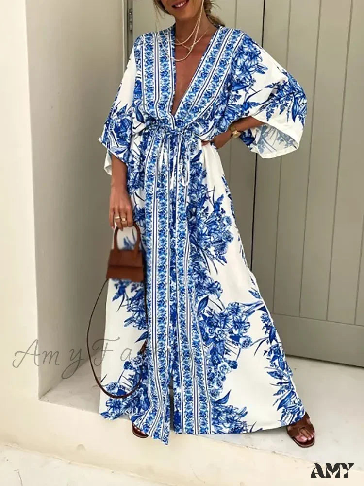 Amy Fashion - Deep V Neck Waist Drawstring Spring Pattern Vintage Boho Dress Blue / S