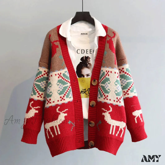 Amy Fashion - Deer Cartoon Print Sweater