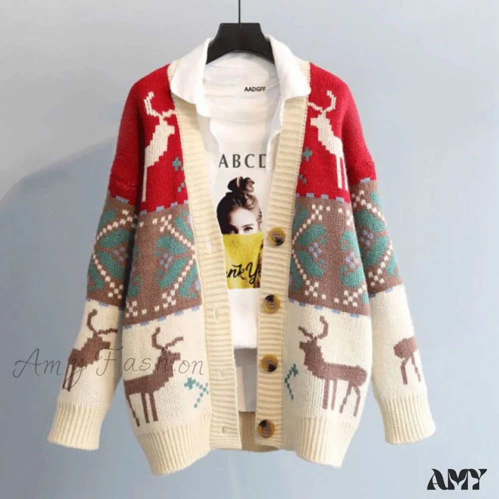 Amy Fashion - Deer Cartoon Print Sweater Beige White / One Size