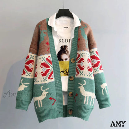 Amy Fashion - Deer Cartoon Print Sweater Green / One Size