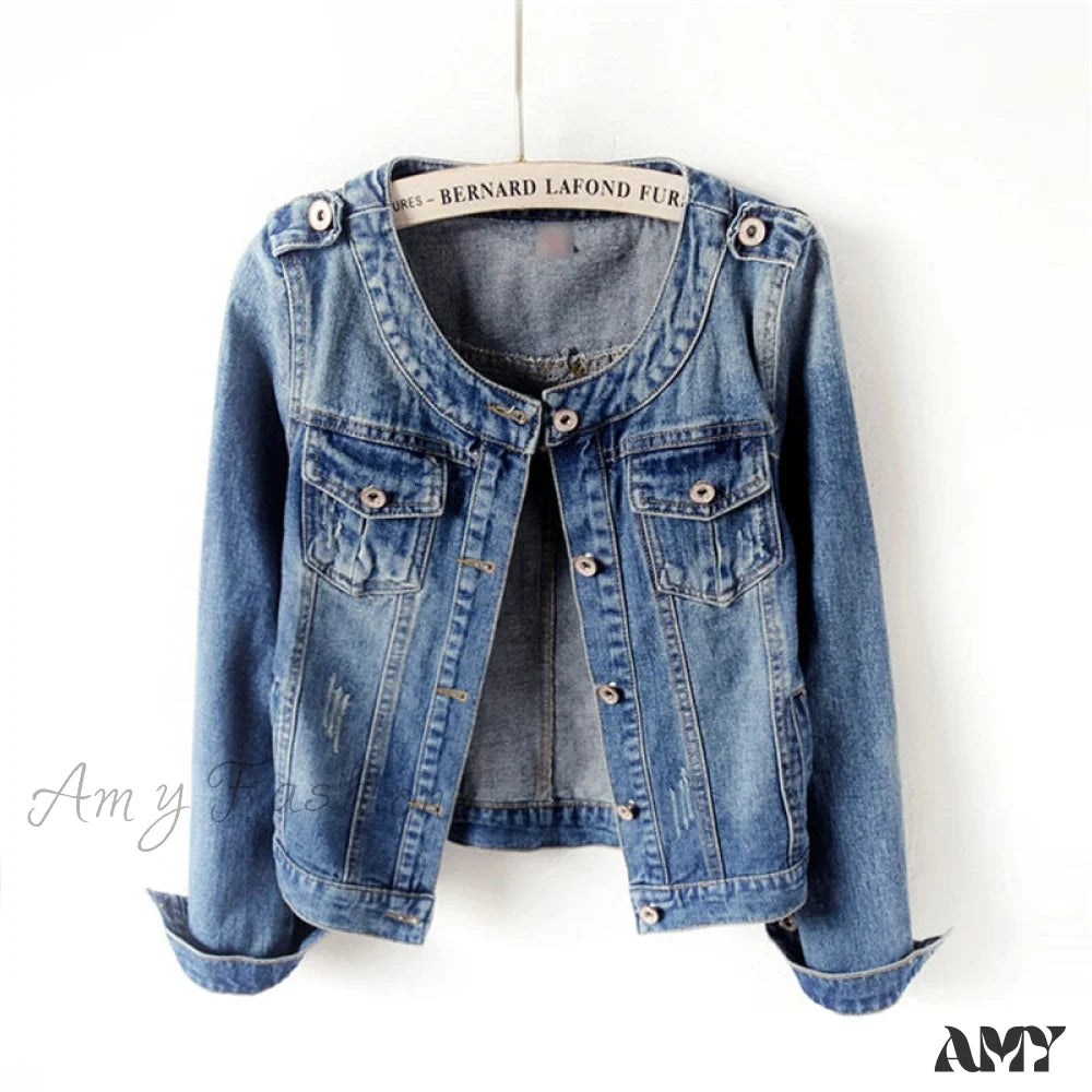 Amy Fashion - Denimlong Sleeve Casual Jacket Blue / S