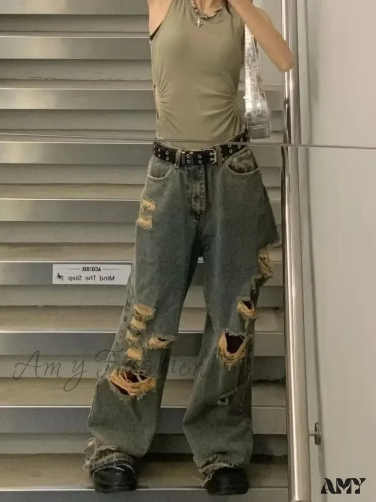 Amy Fashion - Distressed Trendy Brand Washed Vintage Versatile Wide Leg Design Inset Jean