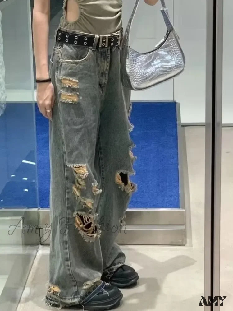 Amy Fashion - Distressed Trendy Brand Washed Vintage Versatile Wide Leg Design Inset Jean