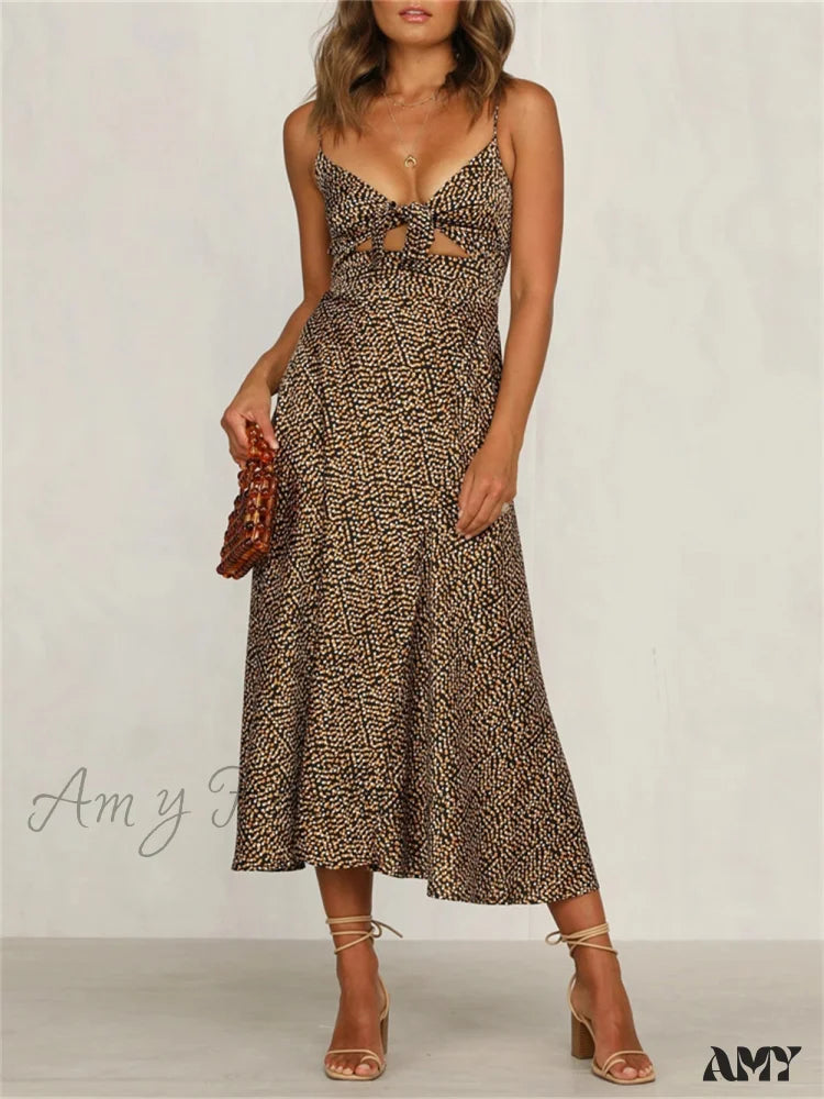 Amy Fashion - Dot Sling Knotted Sexy Hollow Dress Dark Brown / S
