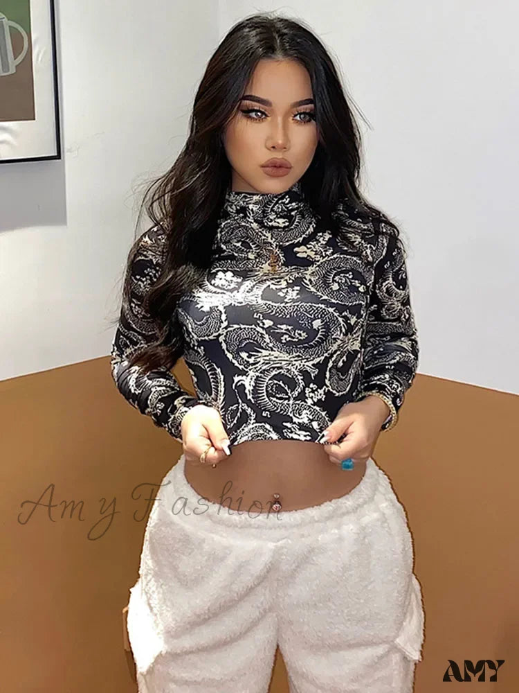 Amy Fashion - Dragon Printed High Collar Slim T-Shirt Crop Top