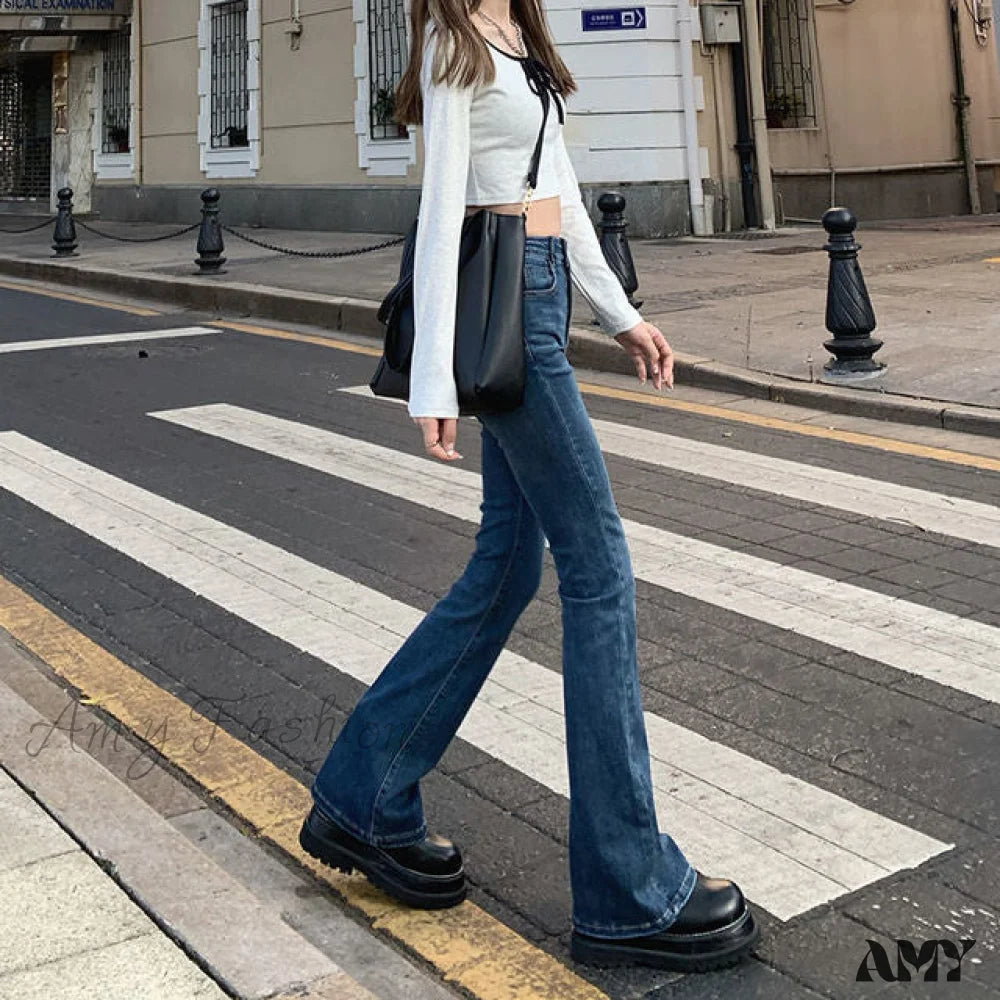 Amy Fashion - Elastic Boyfriend Style Denim Pants Blue / S