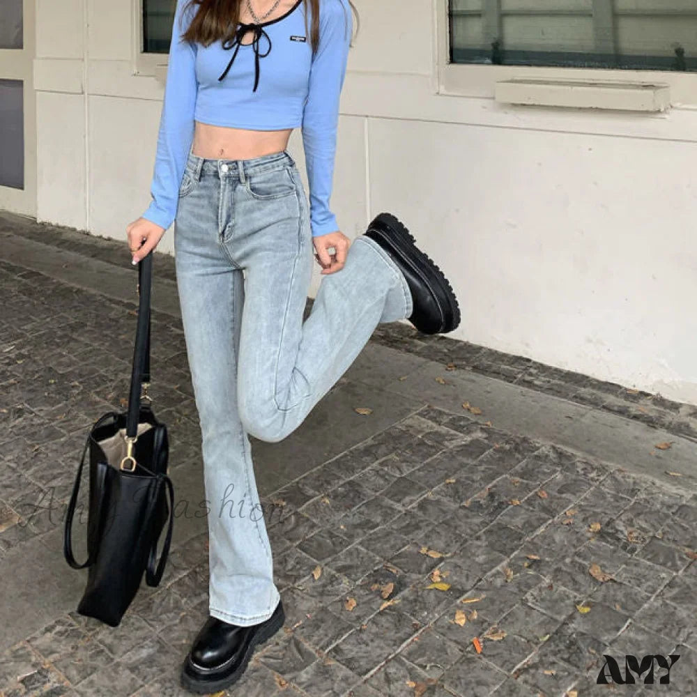 Amy Fashion - Elastic Boyfriend Style Denim Pants Sky Blue / S