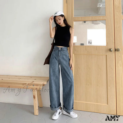 Amy Fashion - Elastic Boyfriend Style Denim Pants Turquoise / S