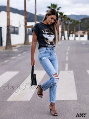 Amy Fashion - Elastic Distressed Leggings Jean