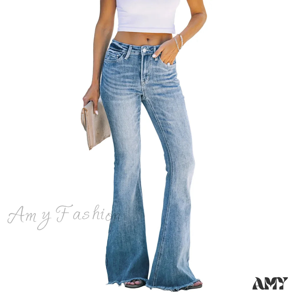 Amy Fashion - Elastic Flare Women Casual High Waist Slim Fit Denim Vintage Washed Pocket Women’s