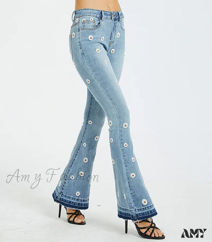 Amy Fashion - Elastic Flower Embroidered Flare Womens Vintage Skinny Spring Autumn Denim Retro