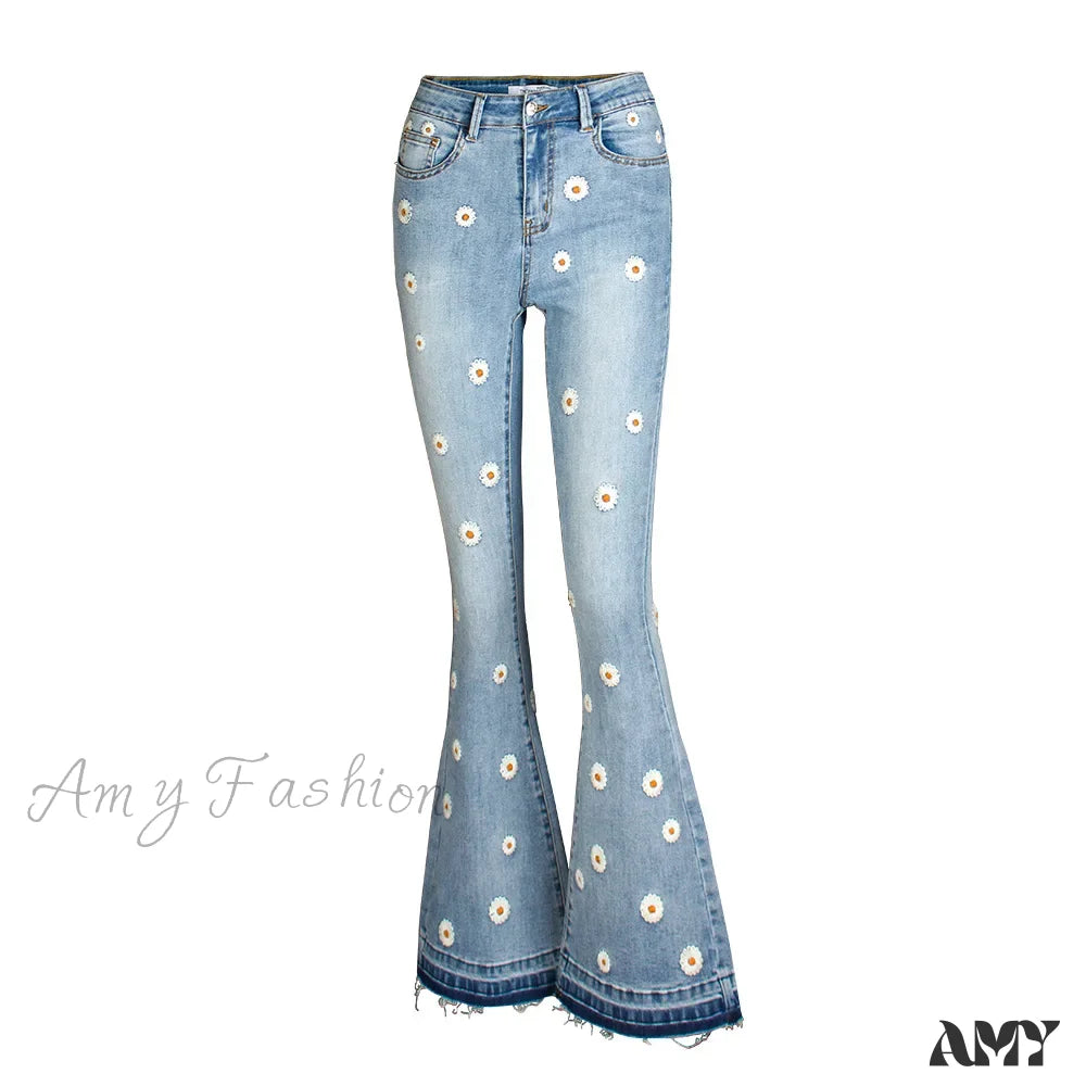 Amy Fashion - Elastic Flower Embroidered Flare Womens Vintage Skinny Spring Autumn Denim Retro