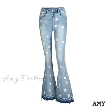 Amy Fashion - Elastic Flower Embroidered Flare Womens Vintage Skinny Spring Autumn Denim Retro