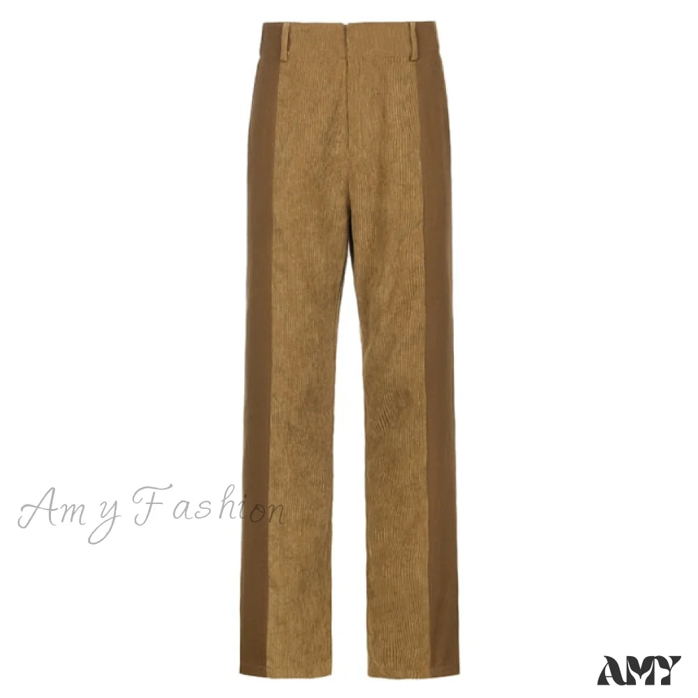 Amy Fashion - Elastic High Waist Corduroy Pants Brown / S