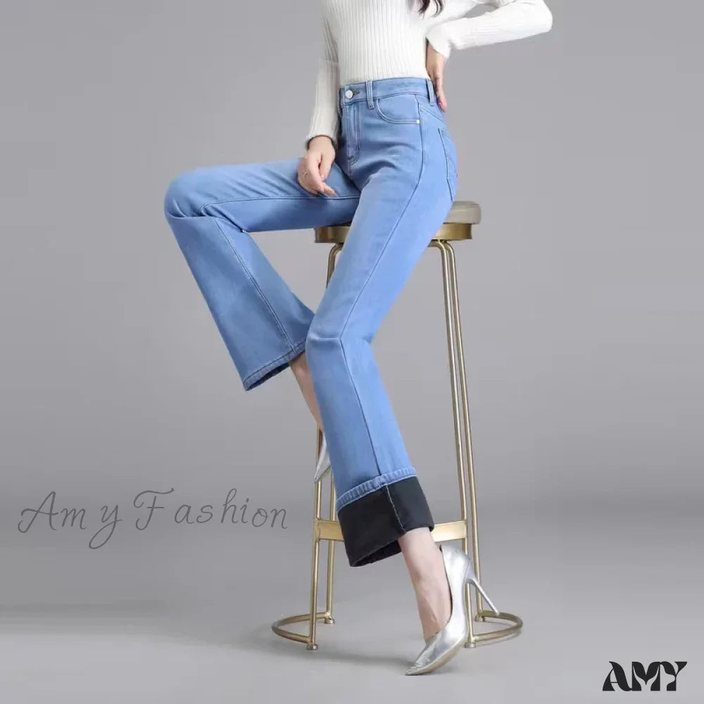 Amy Fashion - Elastic High Waist Woman Flare 2024 New Korean Clothing Pockets Slim Denim Solid