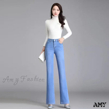 Amy Fashion - Elastic High Waist Woman Flare 2024 New Korean Clothing Pockets Slim Denim Solid