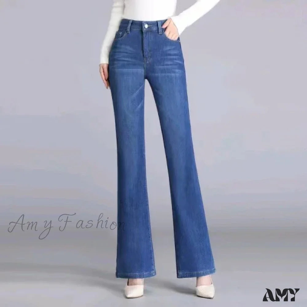 Amy Fashion - Elastic High Waist Woman Flare 2024 New Korean Clothing Pockets Slim Denim Solid