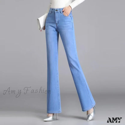 Amy Fashion - Elastic High Waist Woman Flare 2024 New Korean Clothing Pockets Slim Denim Solid