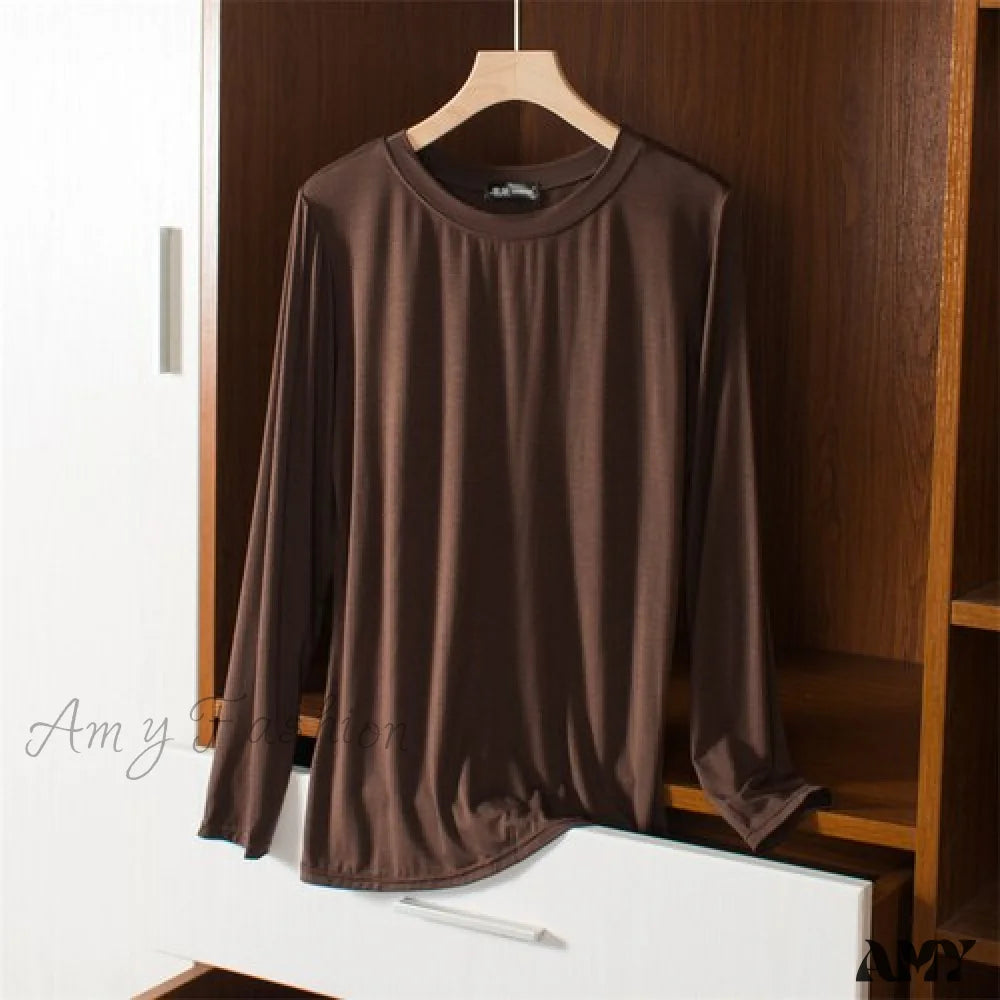 Amy Fashion - Elastic Long Sleeve Bottomed T-Shirt Coffee / M