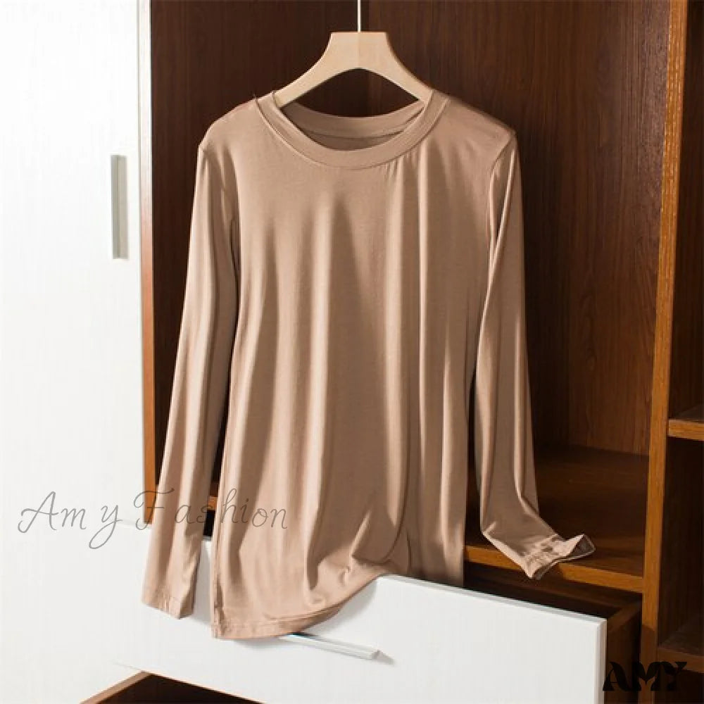 Amy Fashion - Elastic Long Sleeve Bottomed T-Shirt Khaki / M