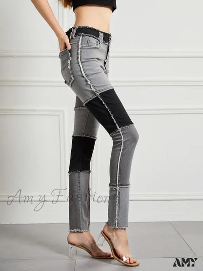 Amy Fashion - Elastic Patchwork Tassel Slim Fit Street Denim Jean