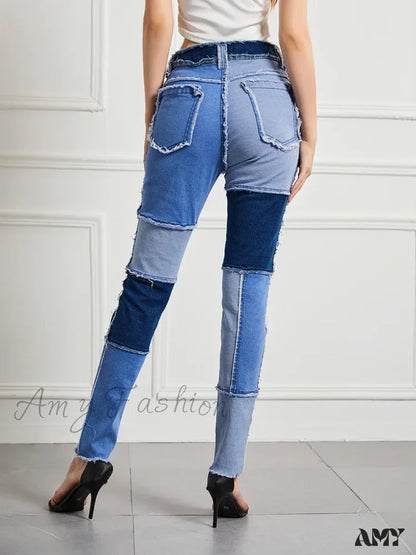 Amy Fashion - Elastic Patchwork Tassel Slim Fit Street Denim Jean