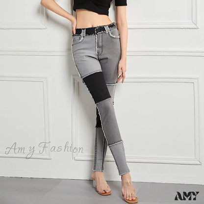 Amy Fashion - Elastic Patchwork Tassel Slim Fit Street Denim Jean Black / S