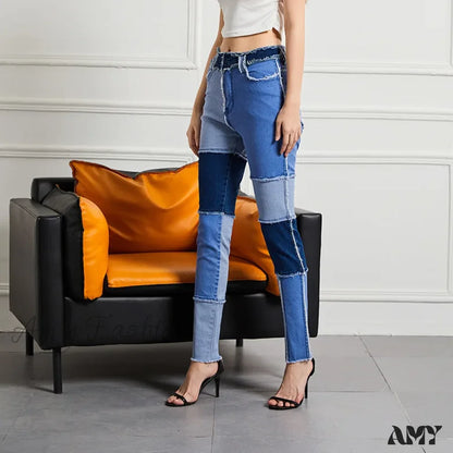 Amy Fashion - Elastic Patchwork Tassel Slim Fit Street Denim Jean Blue / S