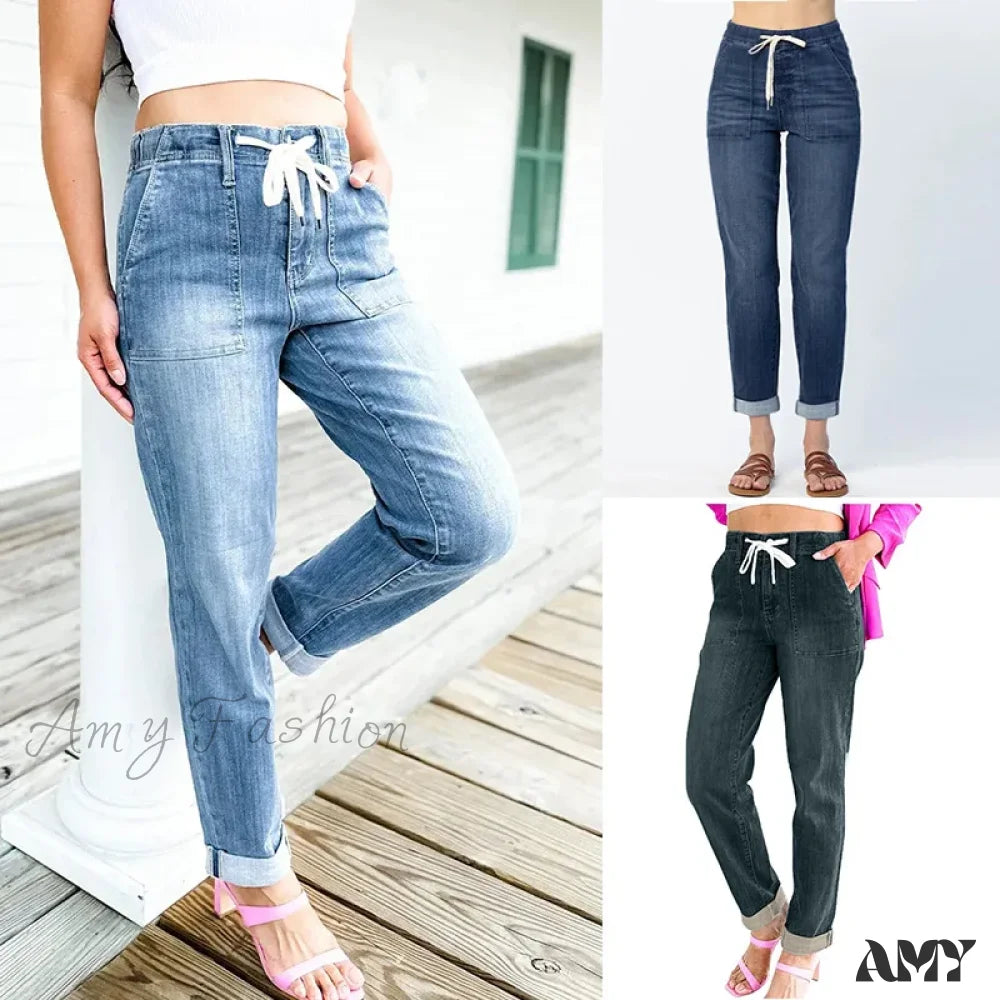 Amy Fashion - Elastic Skinny Pencil Casual Denim Drawstring High Waist Women’s Fashionable Jean