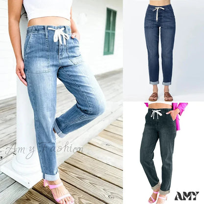 Amy Fashion - Elastic Skinny Pencil Casual Denim Drawstring High Waist Women’s Fashionable Jean