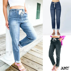 Amy Fashion - Elastic Skinny Pencil Casual Denim Drawstring High Waist Women’s Fashionable Jean