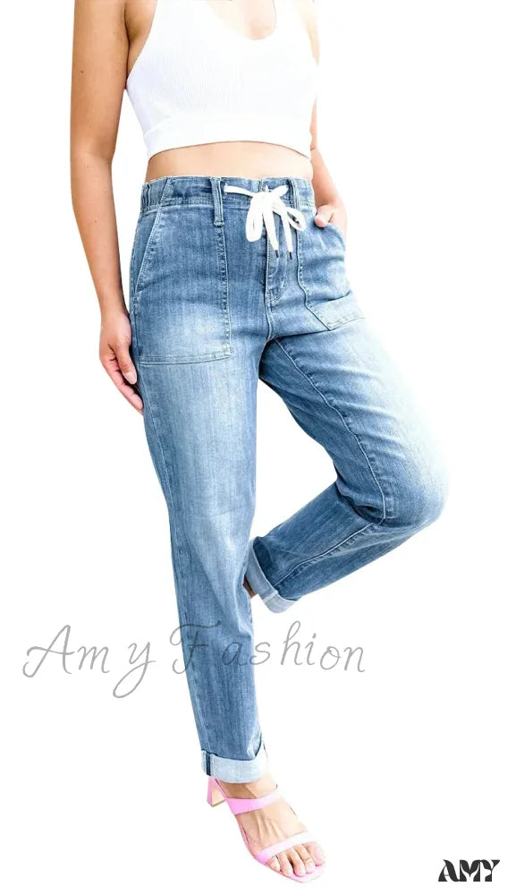 Amy Fashion - Elastic Skinny Pencil Casual Denim Drawstring High Waist Women’s Fashionable Jean