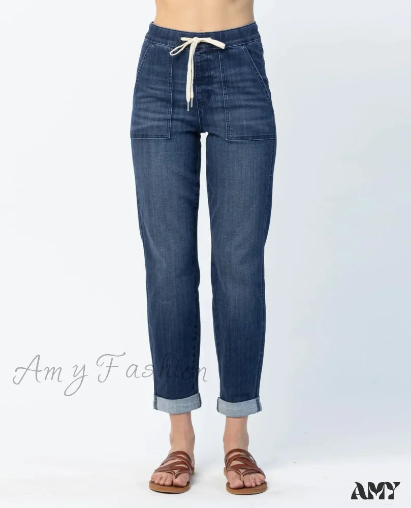 Amy Fashion - Elastic Skinny Pencil Casual Denim Drawstring High Waist Women’s Fashionable Jean