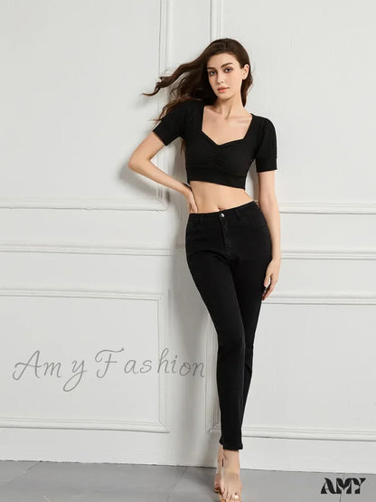 Amy Fashion - Elastic Slim High Waist Small Feet Casual Autumn Winter Jean