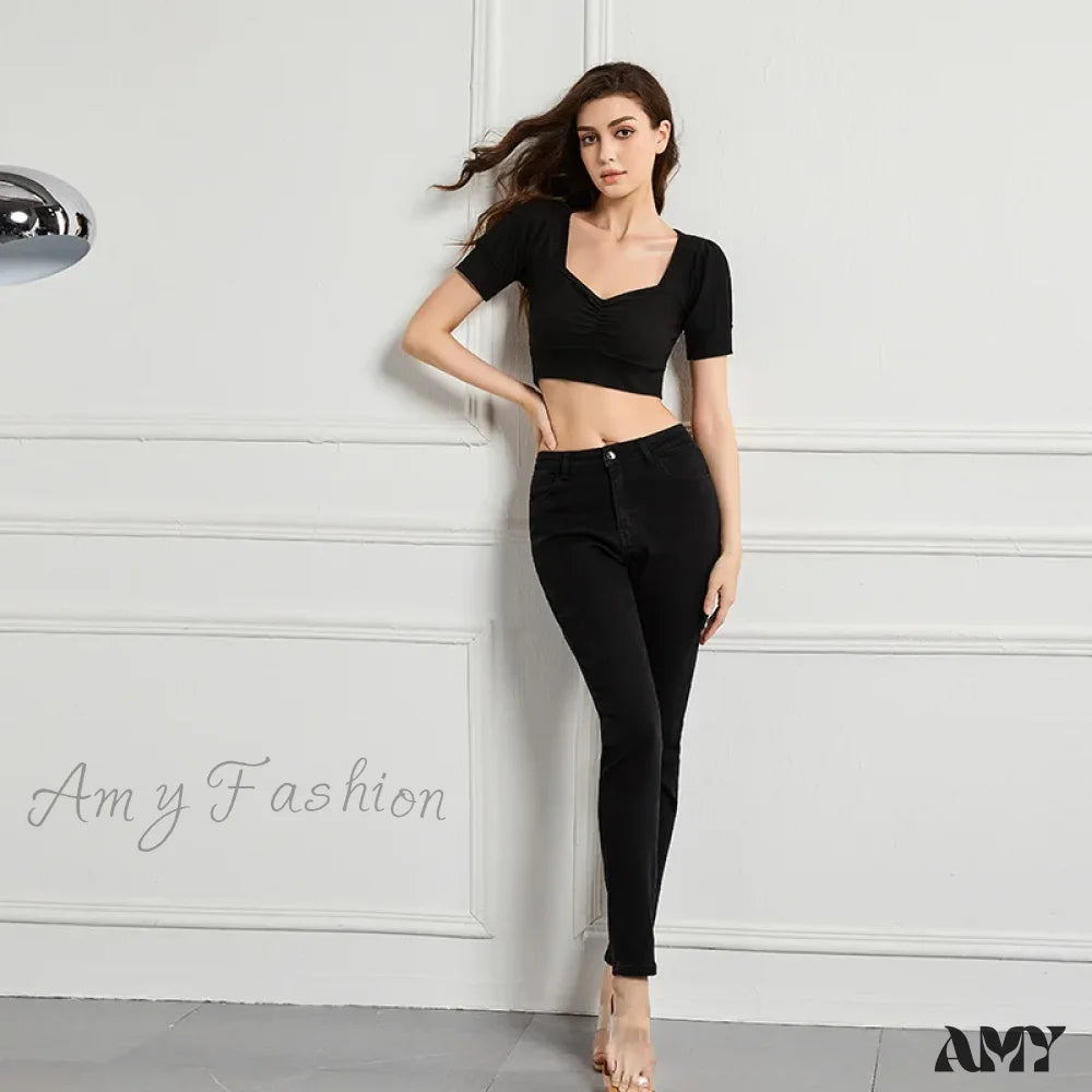 Amy Fashion - Elastic Slim High Waist Small Feet Casual Autumn Winter Jean Black / S