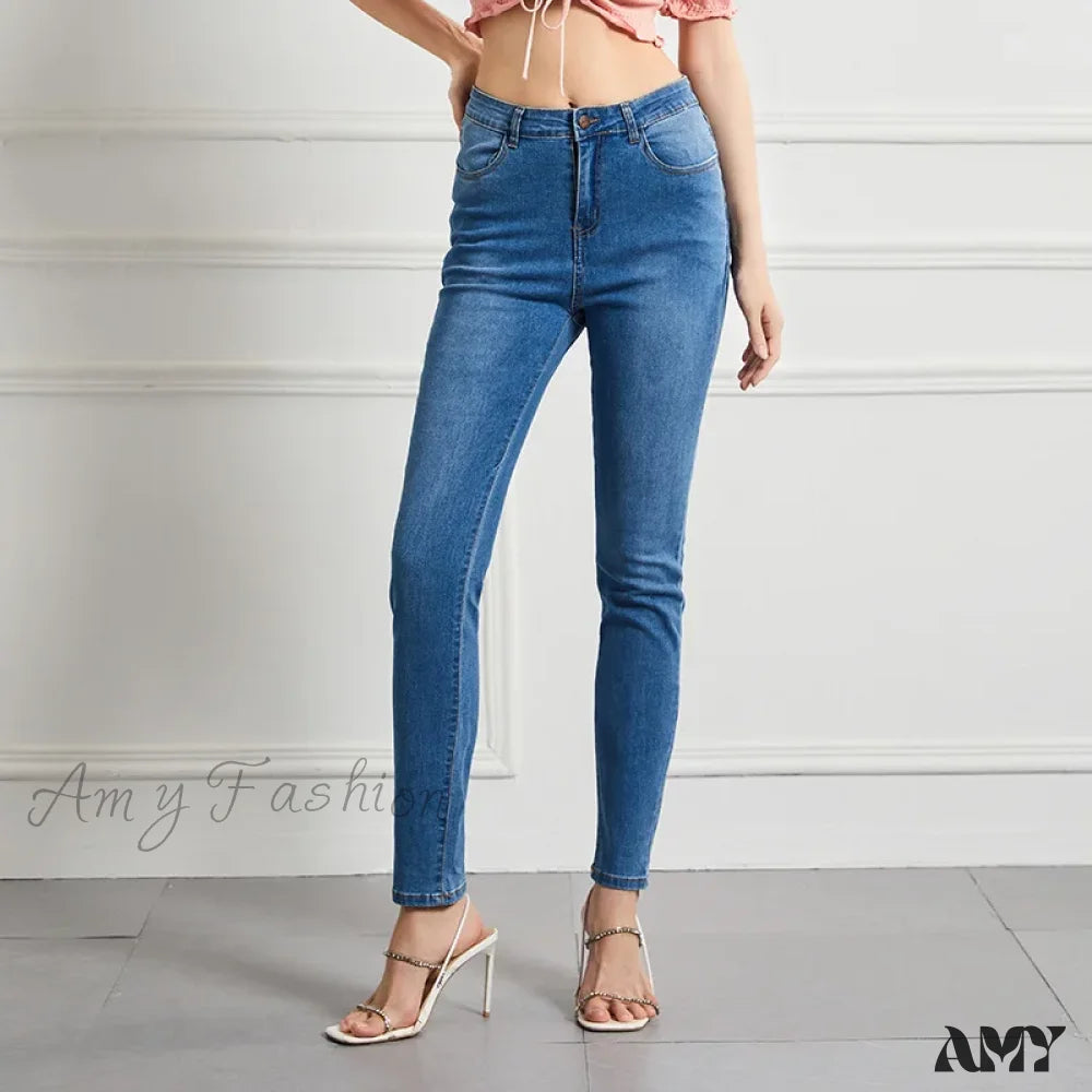 Amy Fashion - Elastic Slim High Waist Small Feet Casual Autumn Winter Jean Light Blue / S