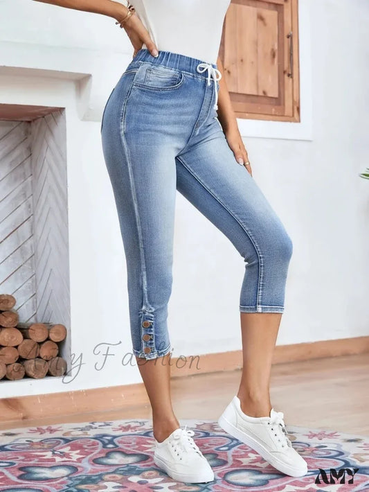 Amy Fashion - Elastic Waist Calf-Length Summer Casual Skinny High Slim Jean