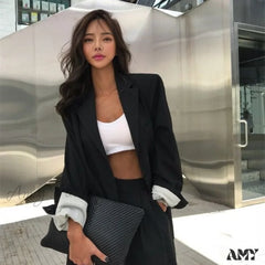 Amy Fashion - Elegant Black Single-Breasted Women Blazer Black / S