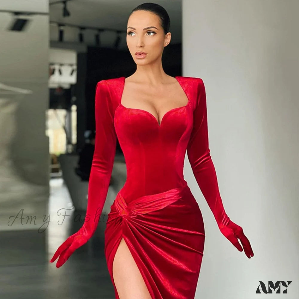 Amy Fashion - Elegant Bodycon Long Dress Red Club / S