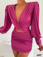 Amy Fashion - Elegant Chic Lantern Sleeve Satin Dress