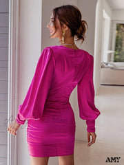 Amy Fashion - Elegant Chic Lantern Sleeve Satin Dress
